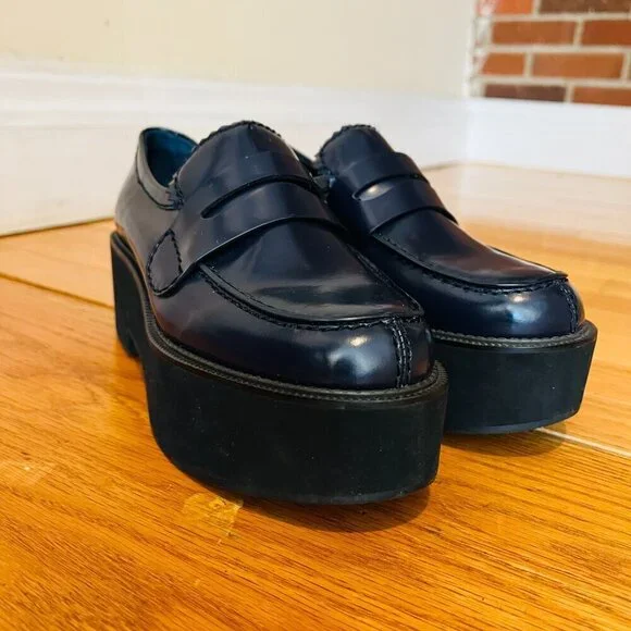 Jil Sander Navy Blue Leather Platform Shoes Eur 38.5 US 8 Chunky Loafers - Picture 2 of 15